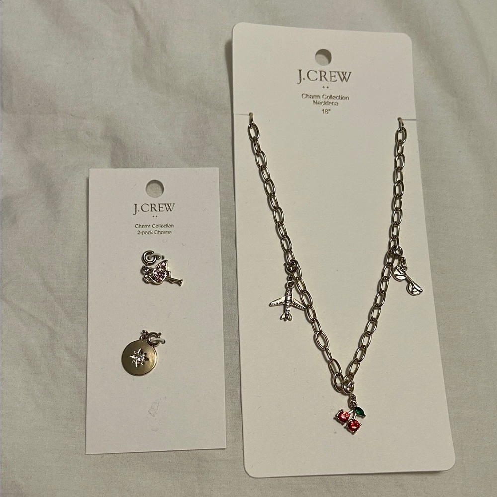 J.Crew gold Charm collection 18” Necklace with charms Airplane, cherries, & 3+